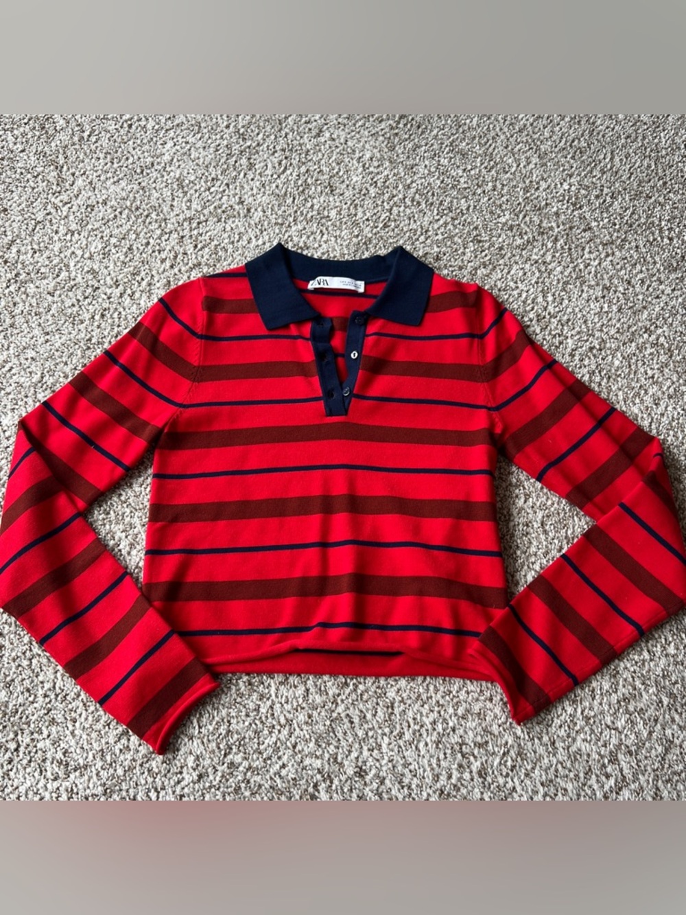 Zara red/navy striped long sleeve polo small
